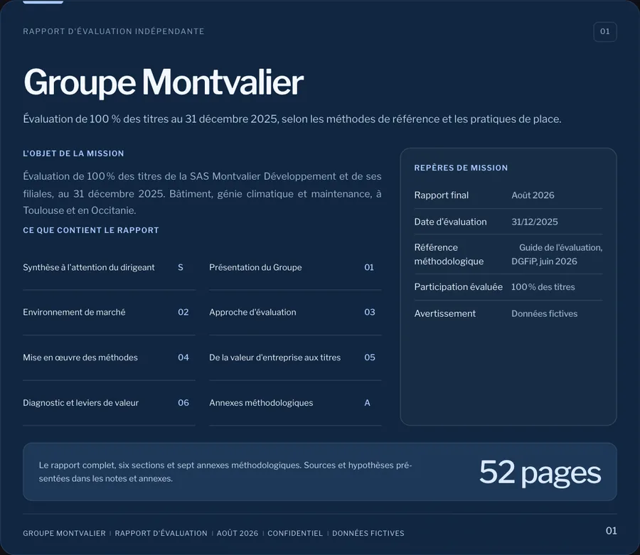 Couverture du rapport d’exemple du cas fictif Montvalier&nbsp;: objet de la mission, date d’évaluation, participation évaluée et sommaire.